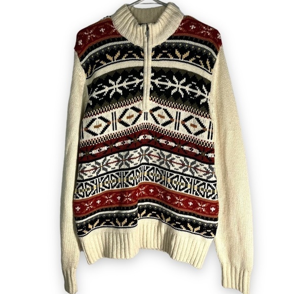 IZOD Half Zip Fair Isle Pullover Turtleneck Sweater, Multi Cream, Size Large - Picture 1 of 10